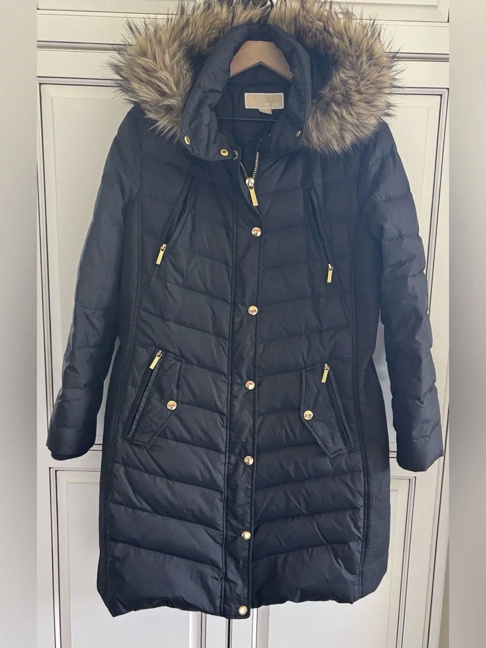 Michael Kors Down Faux Fur Removable Hood Long Puffer Jacket Black Womens Large